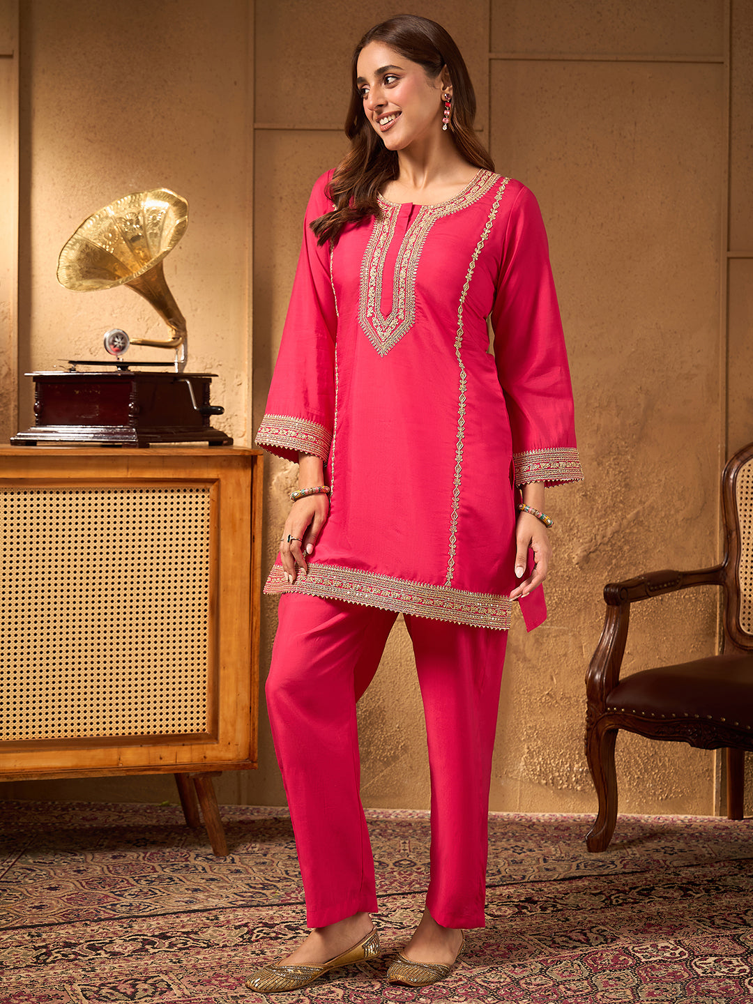 Janasya Women's Pink Silk Blend Embroidered A-Line Co-Ord Set