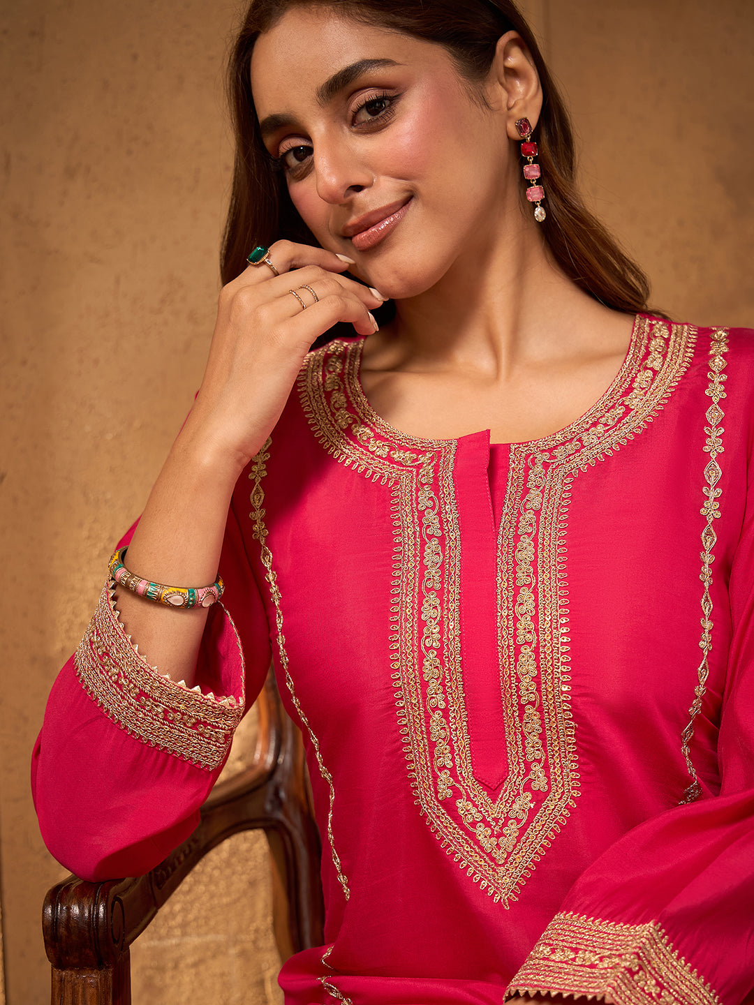 Janasya Women's Pink Silk Blend Embroidered A-Line Co-Ord Set