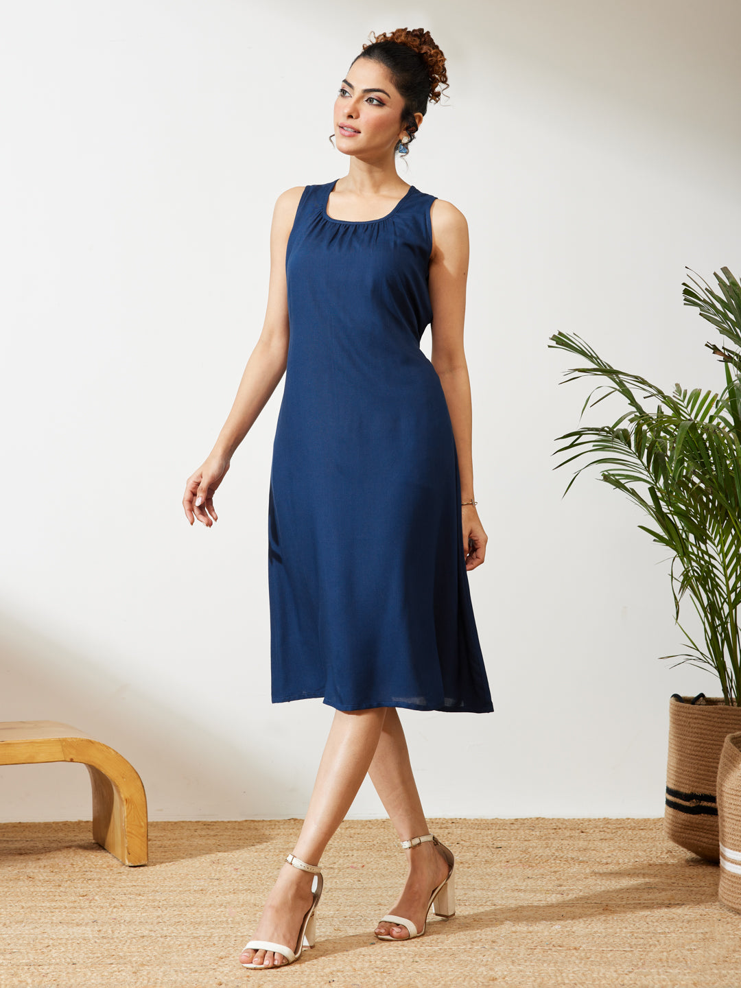 Janasya Women's Navy Blue Rayon Solid A-line Dress