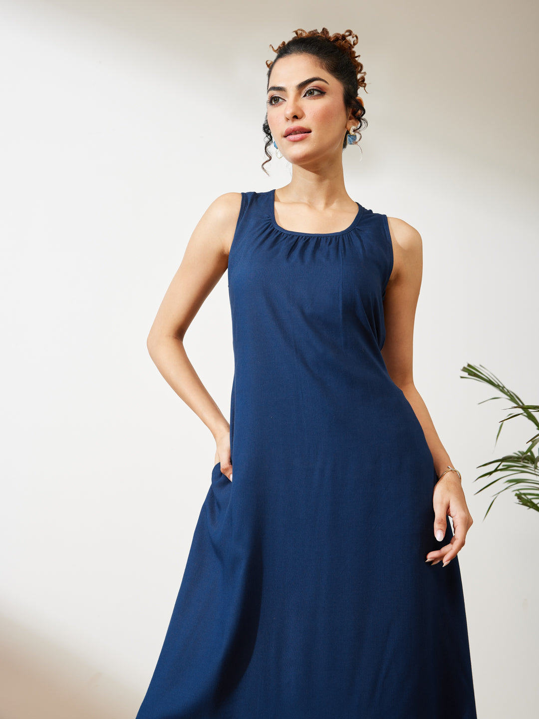 Janasya Women's Navy Blue Rayon Solid A-line Dress