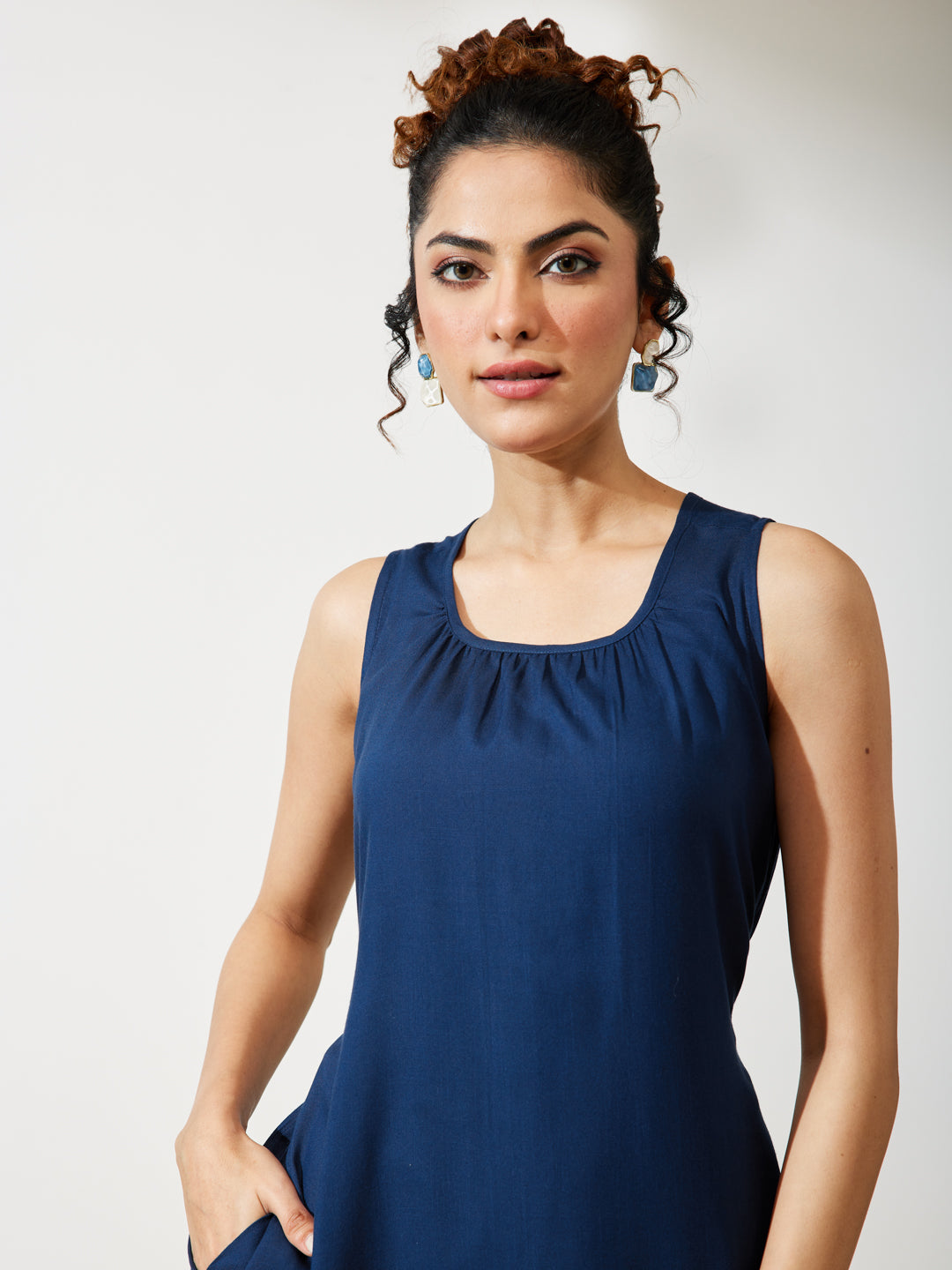 Janasya Women's Navy Blue Rayon Solid A-line Dress