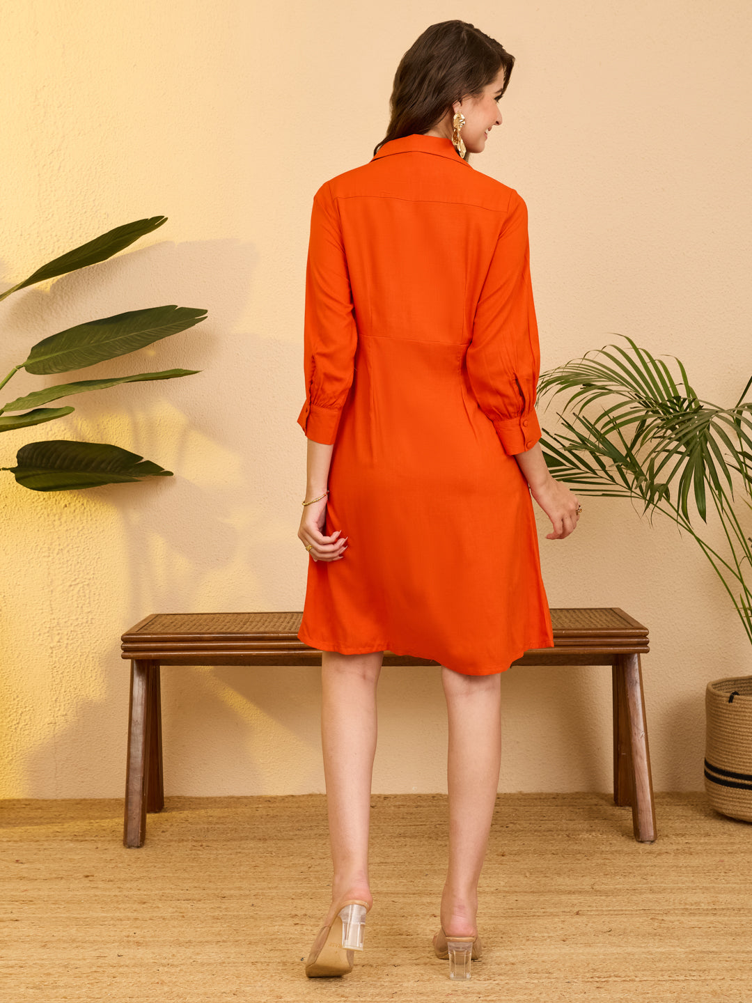 Janasya Women's Orange Rayon Solid A-line Dress