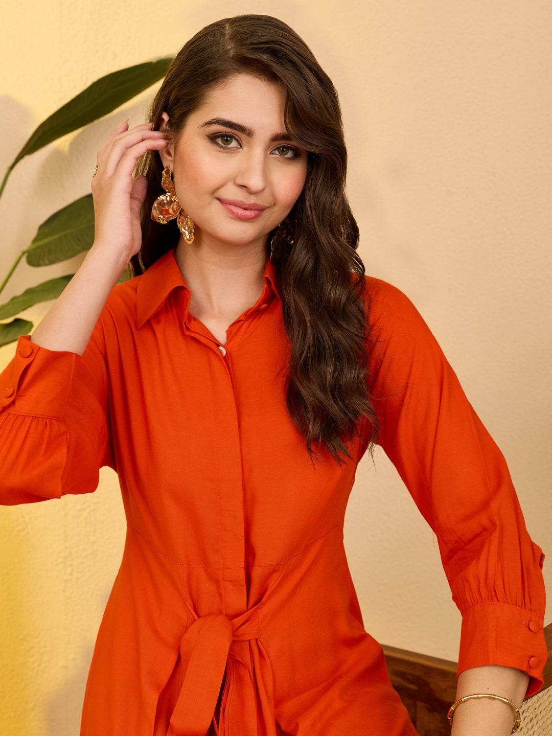 Janasya Women's Orange Rayon Solid A-line Dress