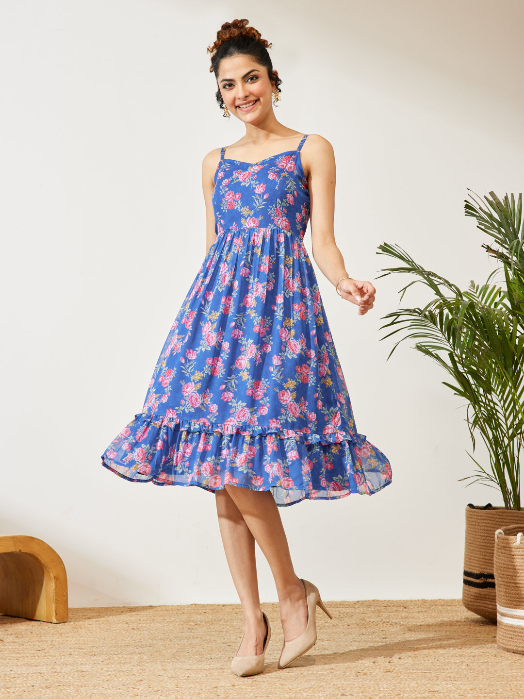 Janasya Women's Blue Georgette Floral Printed Gathered A-line Dress