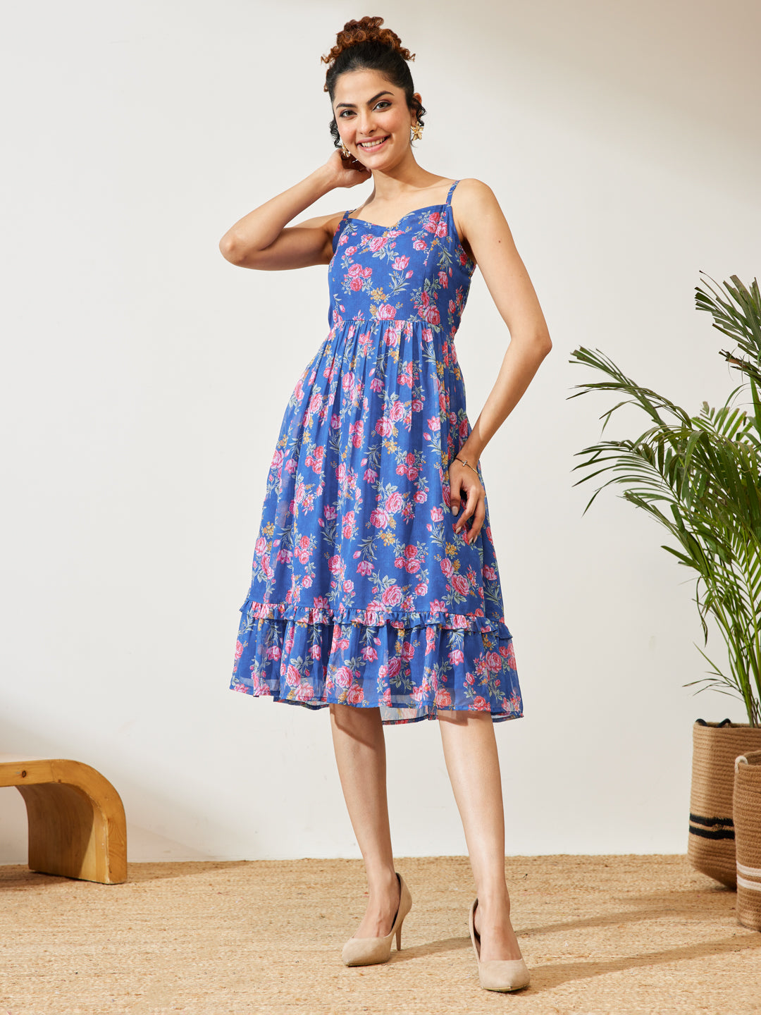 Janasya Women's Blue Georgette Floral Printed Gathered A-line Dress