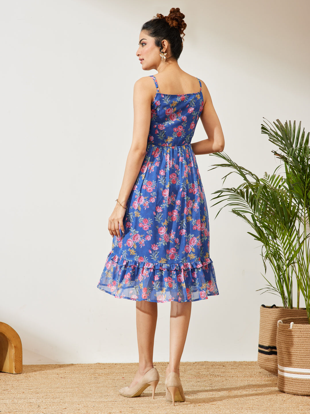 Janasya Women's Blue Georgette Floral Printed Gathered A-line Dress