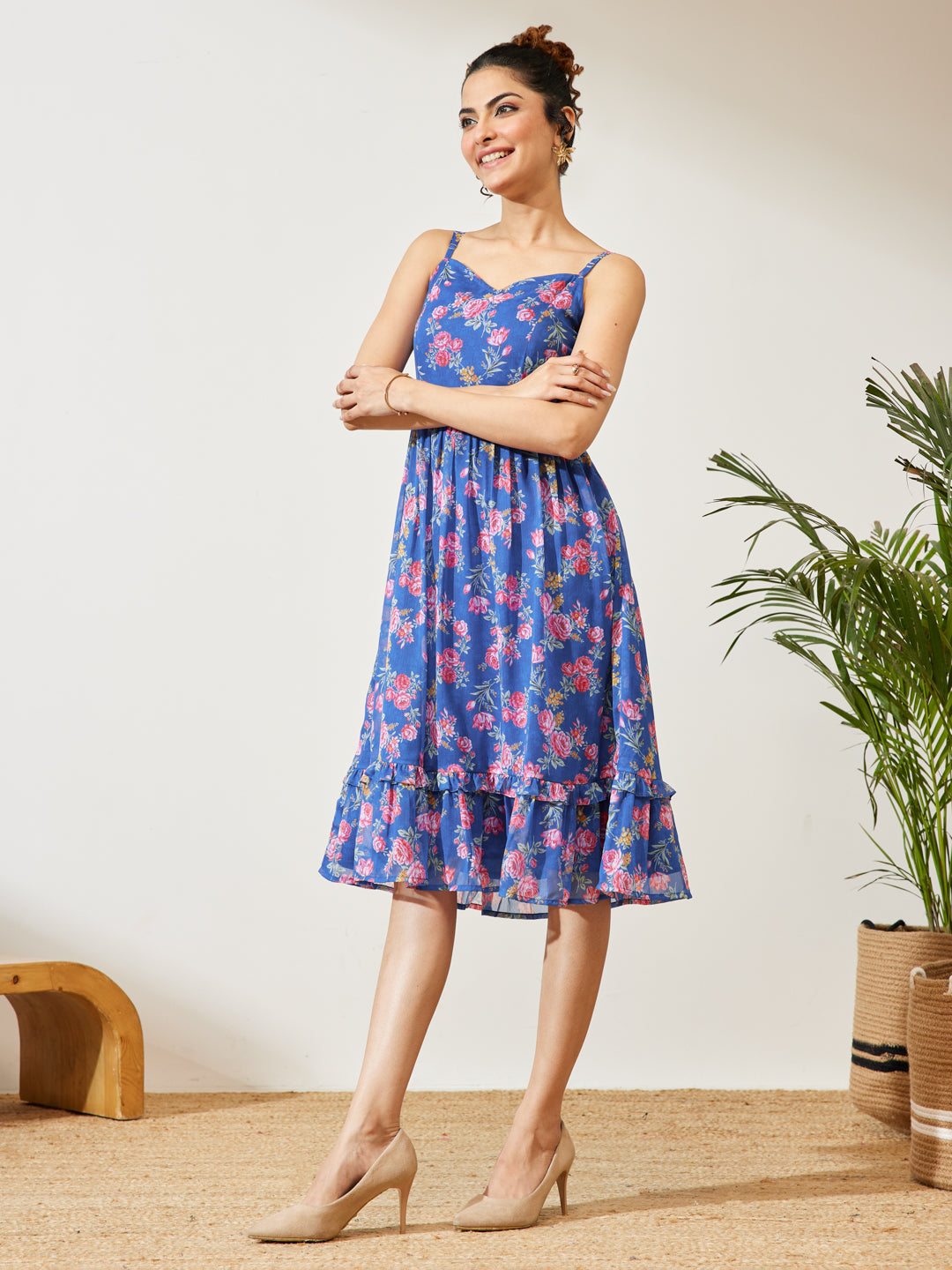 Janasya Women's Blue Georgette Floral Printed Gathered A-line Dress