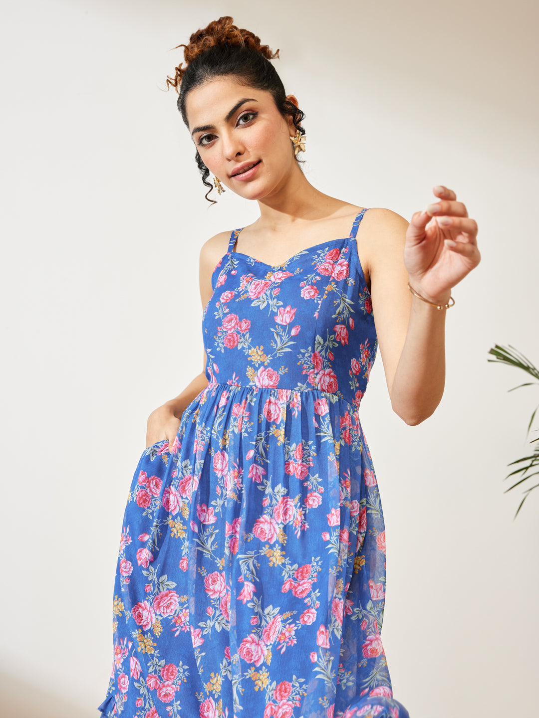 Janasya Women's Blue Georgette Floral Printed Gathered A-line Dress