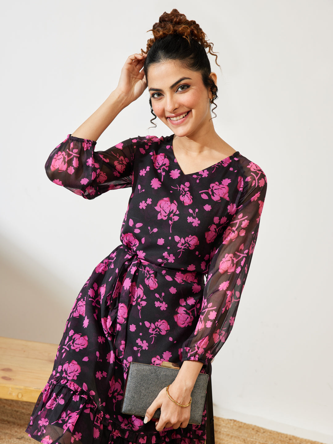 Janasya Women's Black Chiffon Floral Printed A-line Dress