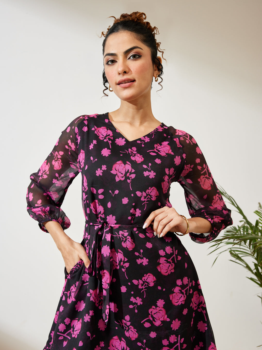 Janasya Women's Black Chiffon Floral Printed A-line Dress