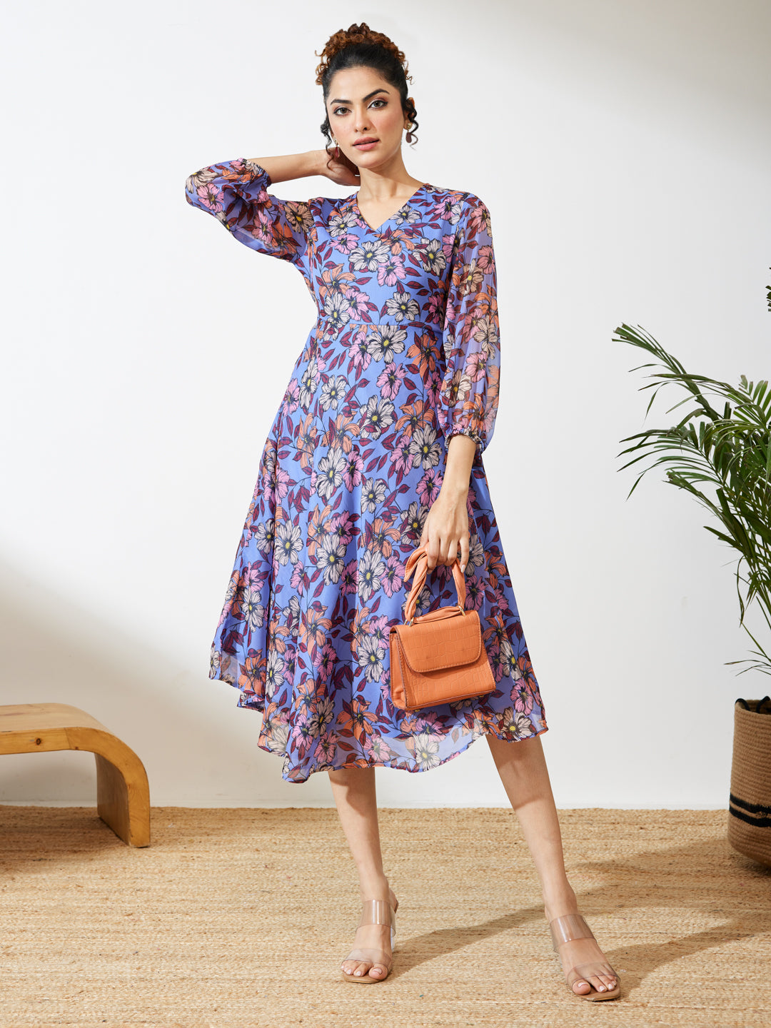 Janasya Women's Lavender Georgette Floral Printed A-line Dress