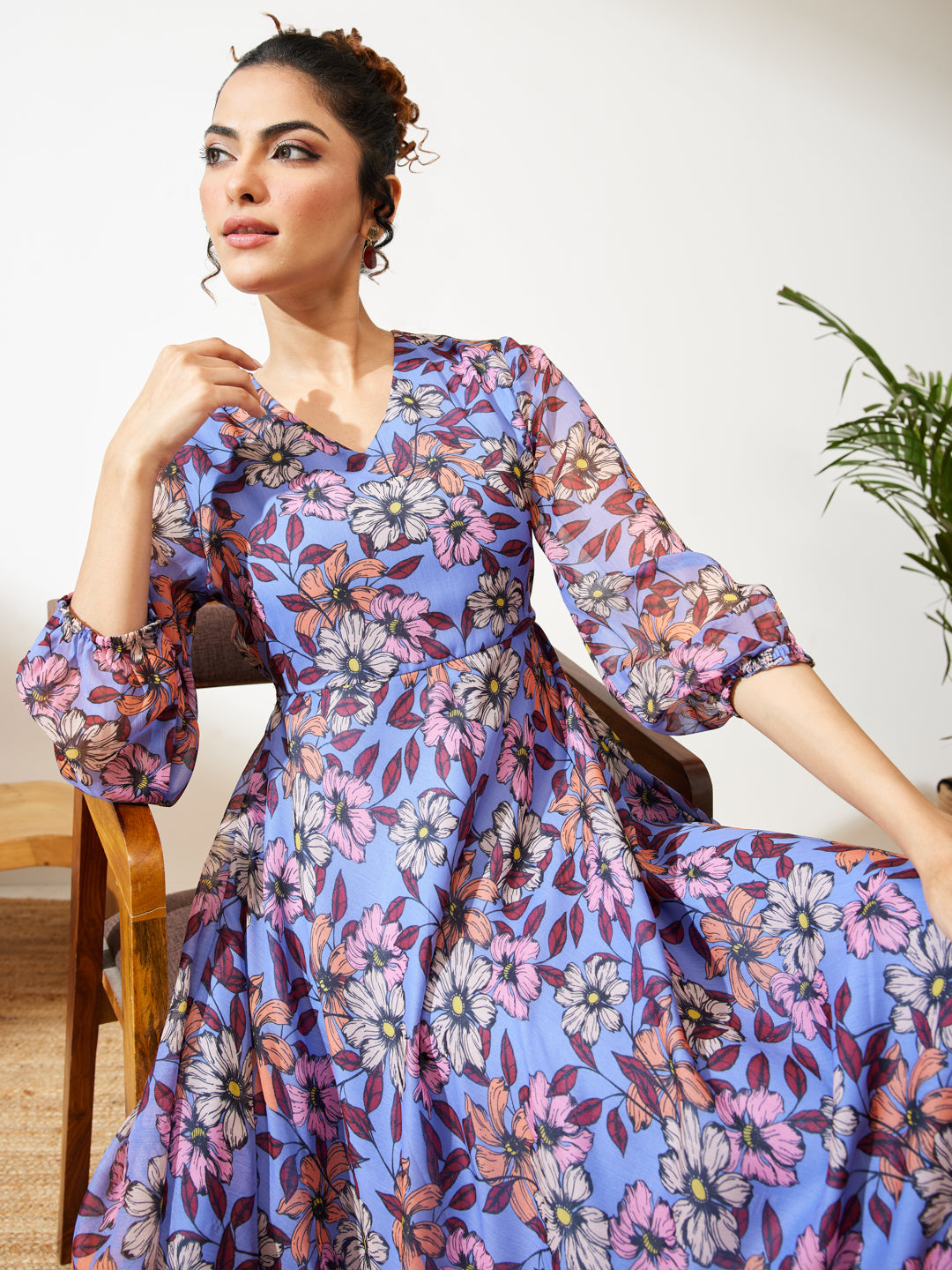 Janasya Women's Lavender Georgette Floral Printed A-line Dress