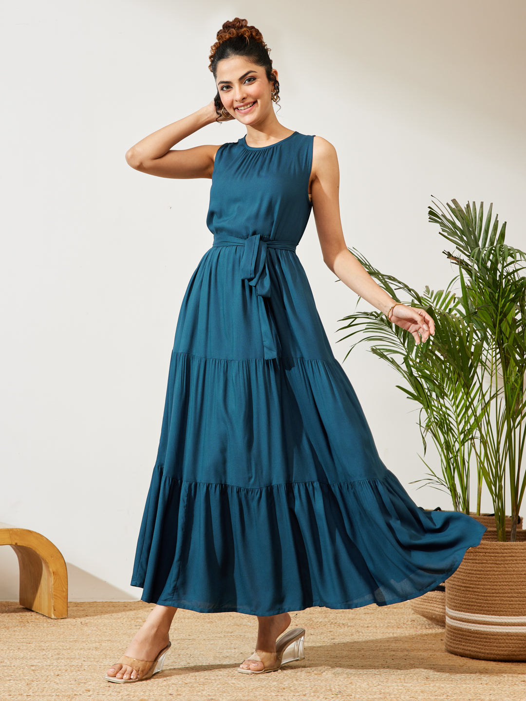 Janasya Women's Teal Blue Rayon Solid Tiered Dress
