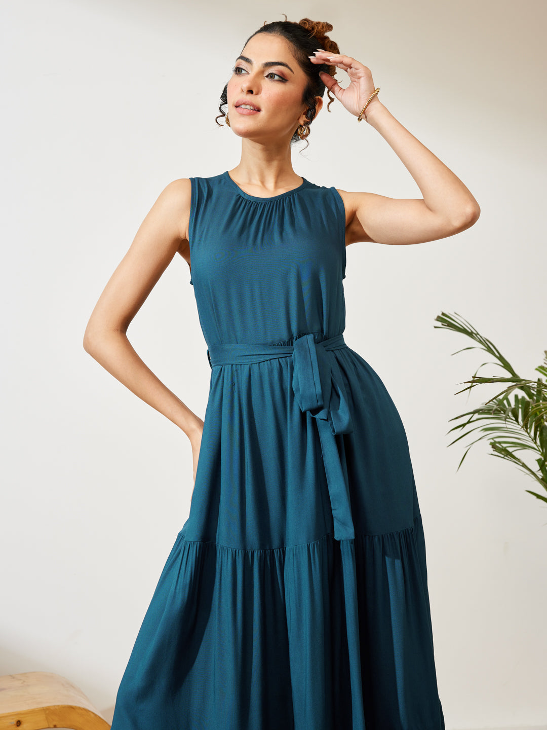 Janasya Women's Teal Blue Rayon Solid Tiered Dress