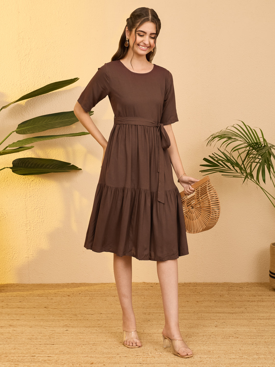 Janasya Women's Brown Rayon Solid Fit & Flare Dress