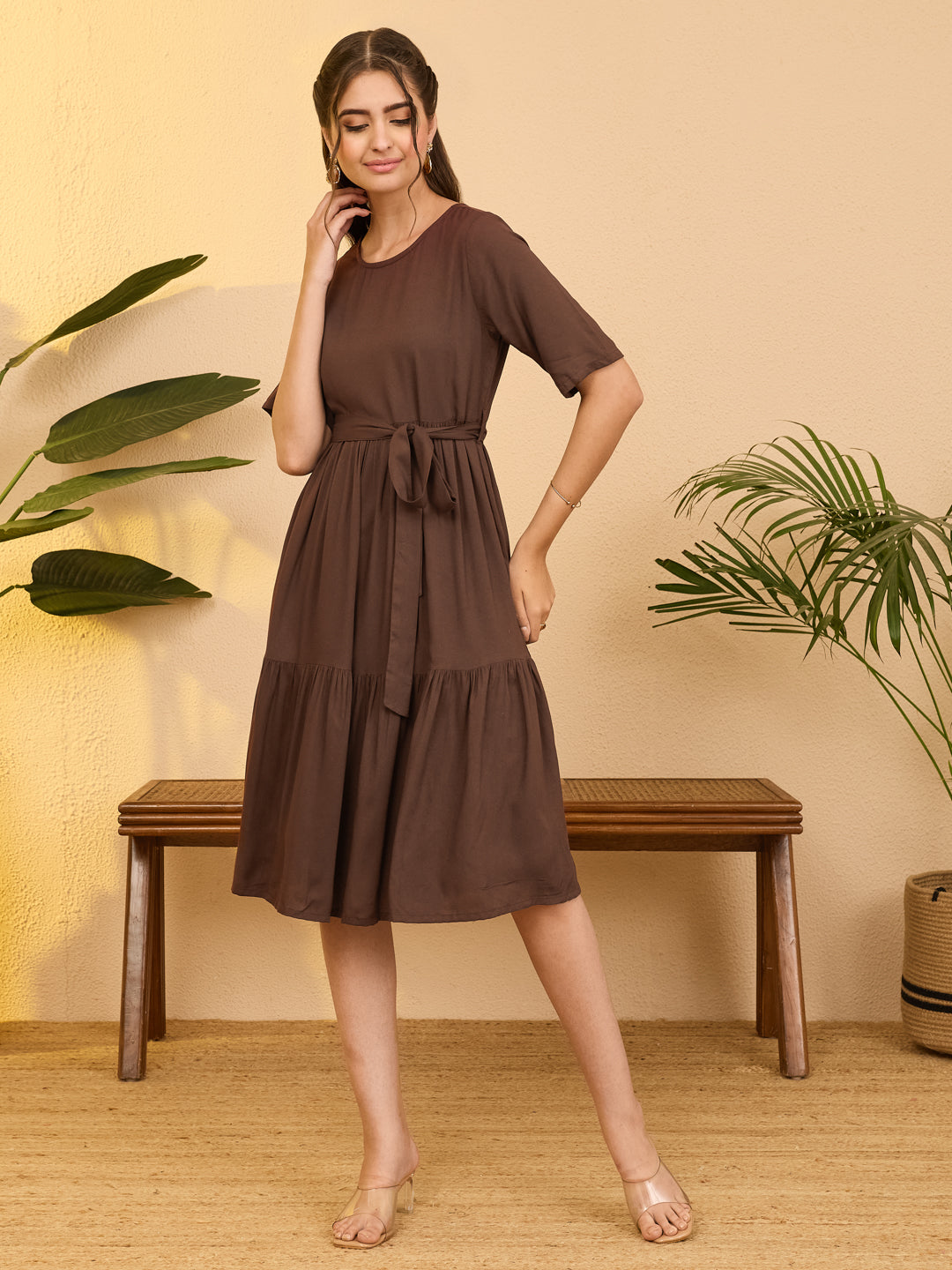 Janasya Women's Brown Rayon Solid Fit & Flare Dress