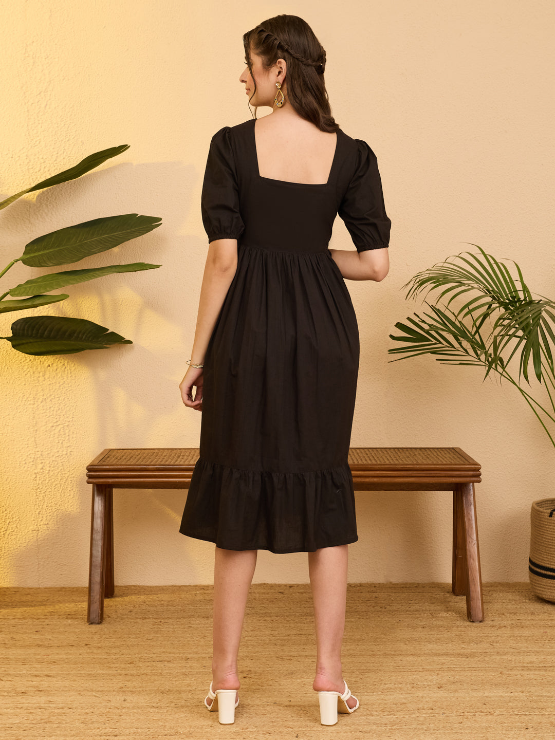 Janasya Women's Black Pure Cotton Floral Embroidered Gathered Dress