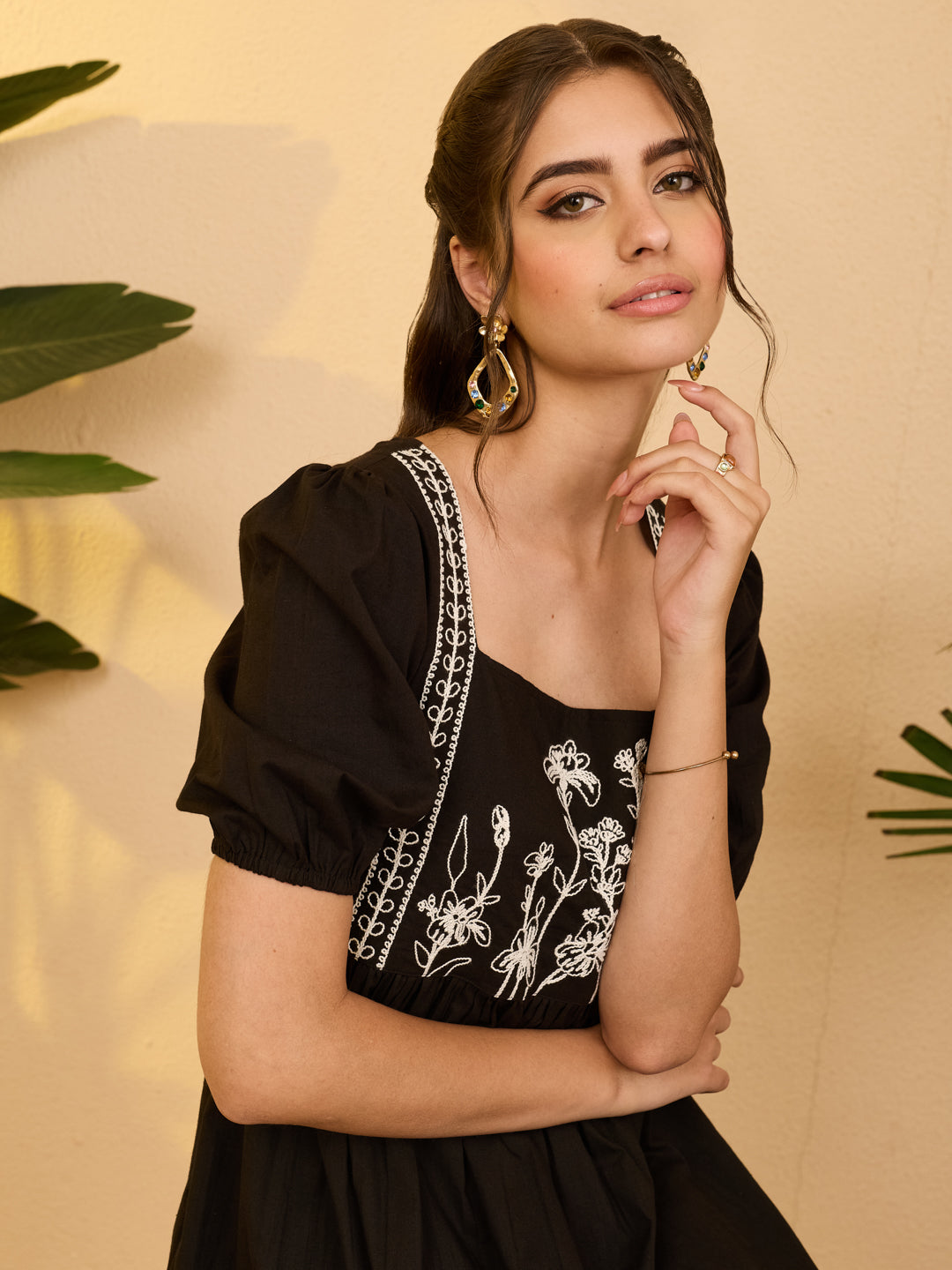 Janasya Women's Black Pure Cotton Floral Embroidered Gathered Dress