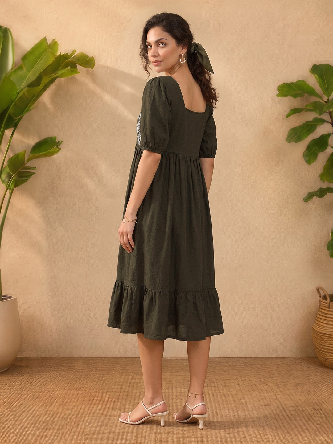 Janasya Women's Olive Green Linen Cotton Embroidered A-Line Dress