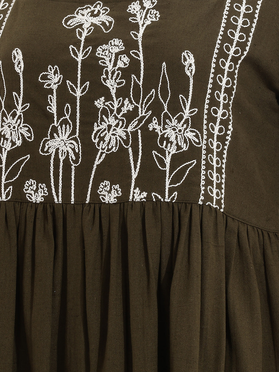 Janasya Women's Olive Green Linen Cotton Embroidered A-Line Dress