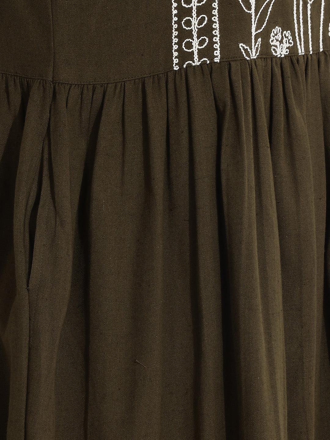 Janasya Women's Olive Green Linen Cotton Embroidered A-Line Dress