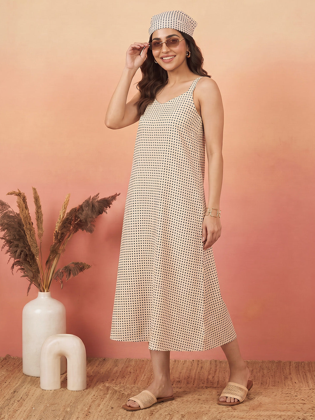Janasya Women's Cream Pure Cotton Polka Dot Printed A-Line Dress