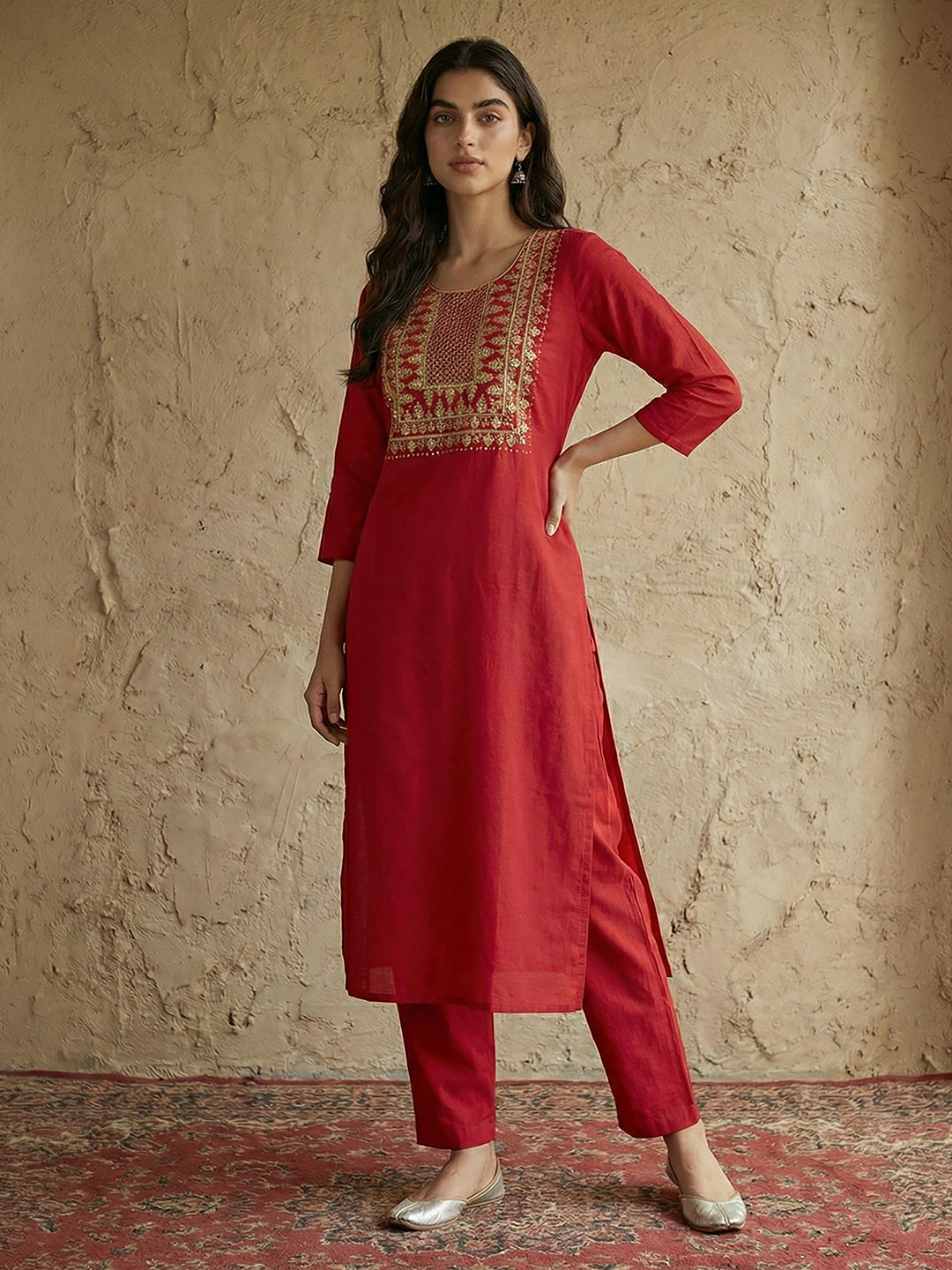 Janasya Women's Red Pure Cotton Yoke Embroidered Straight Kurta With Pant Set