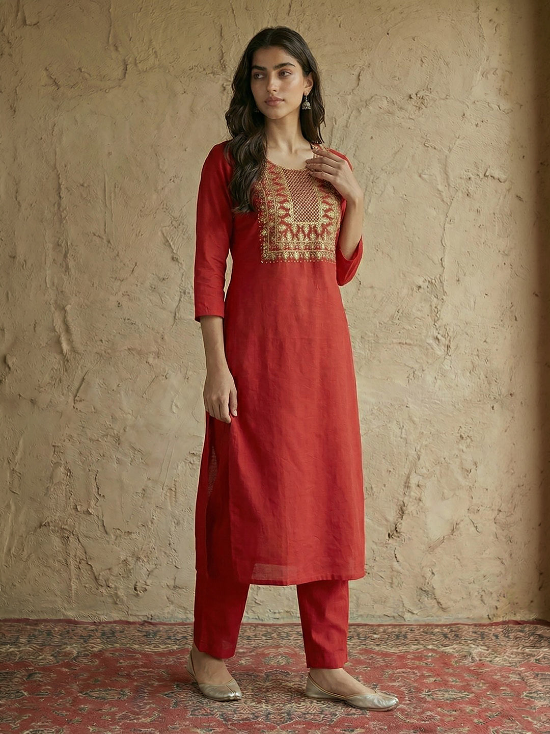 Janasya Women's Red Pure Cotton Yoke Embroidered Straight Kurta With Pant Set