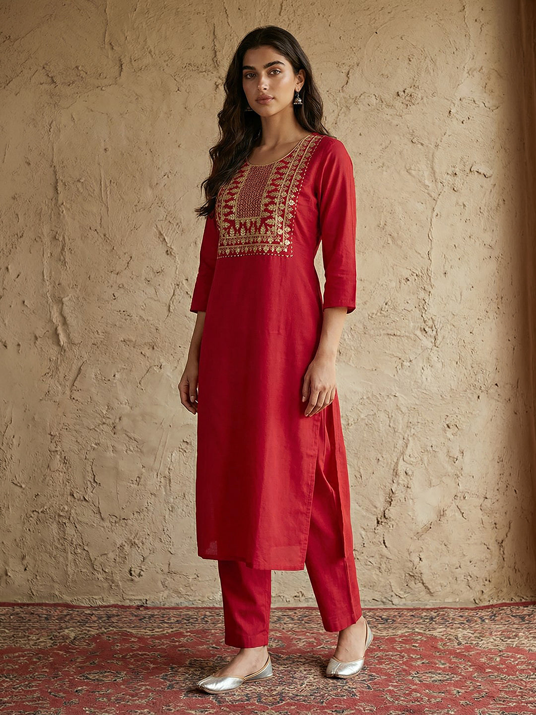 Janasya Women's Red Pure Cotton Yoke Embroidered Straight Kurta With Pant Set