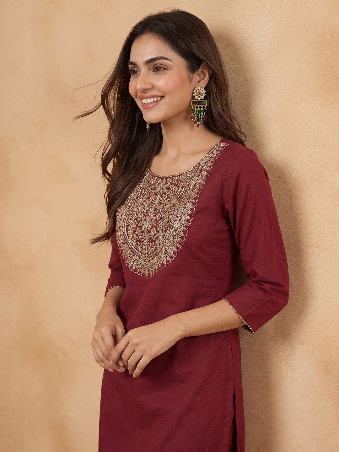 Janasya Women's Maroon Pure Cotton Zari Yoke Embroidered Straight Kurta With Pant Set