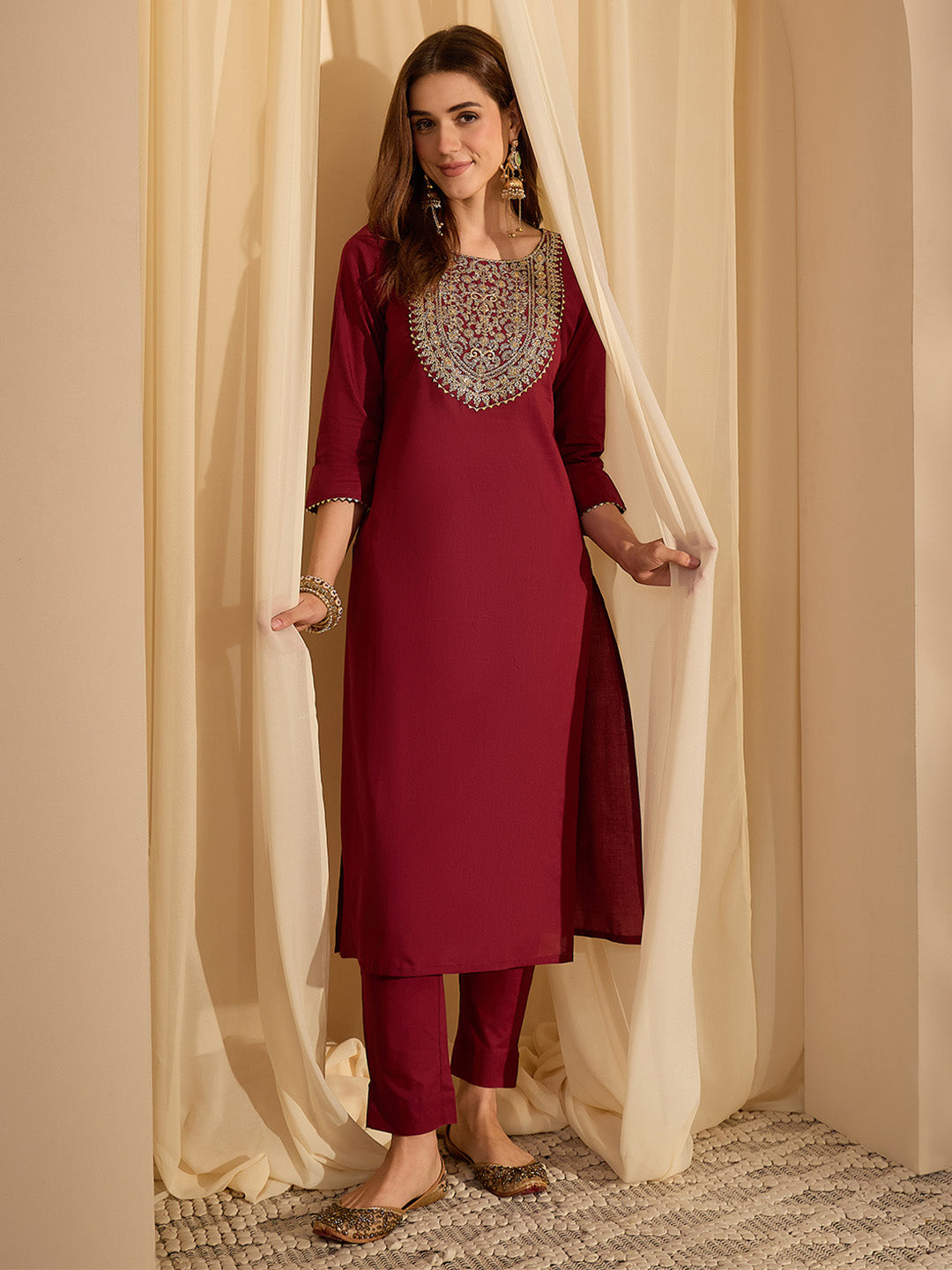 Janasya Women's Maroon Pure Cotton Zari Yoke Embroidered Straight Kurta With Pant Set