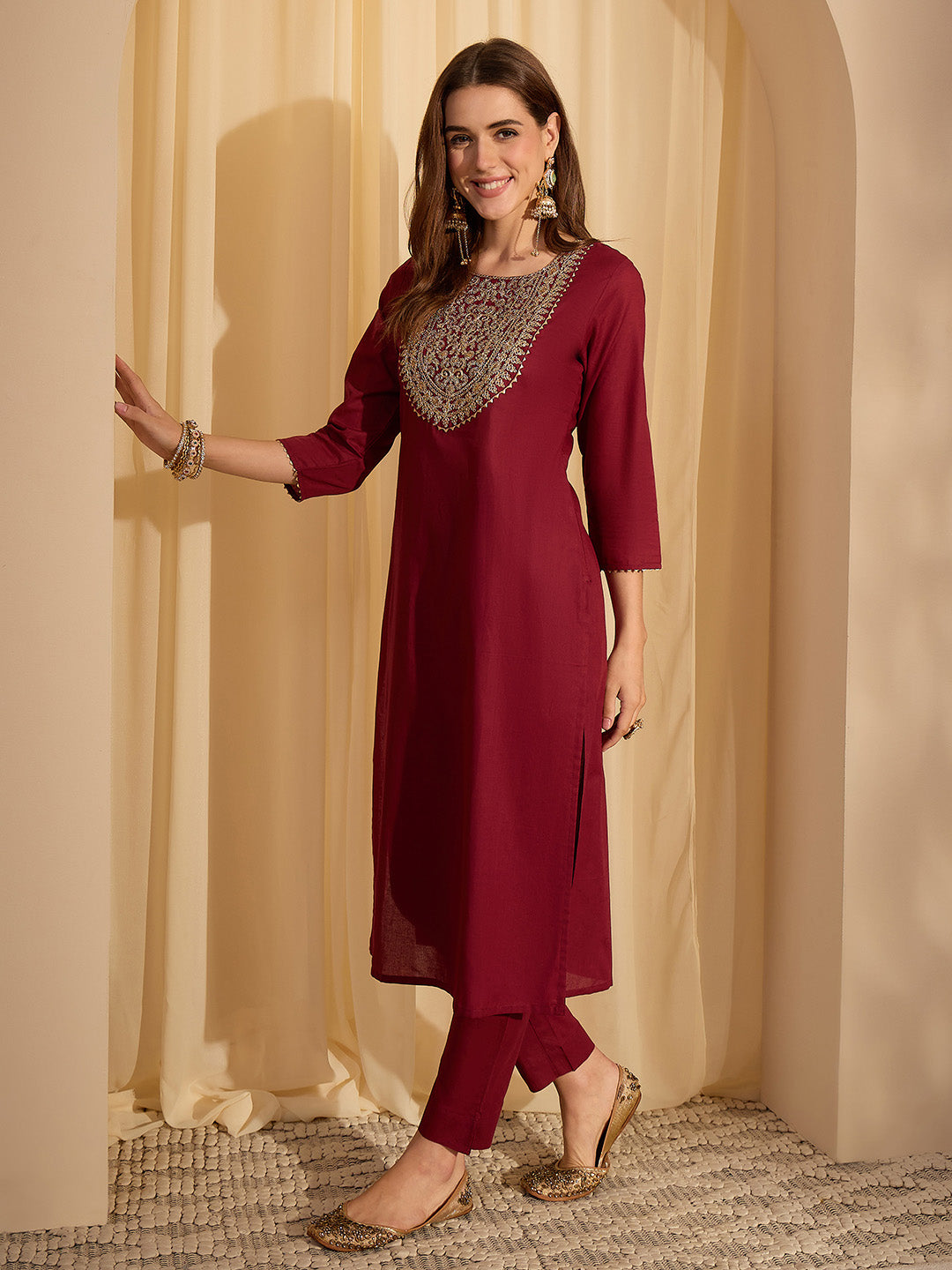 Janasya Women's Maroon Pure Cotton Zari Yoke Embroidered Straight Kurta With Pant Set