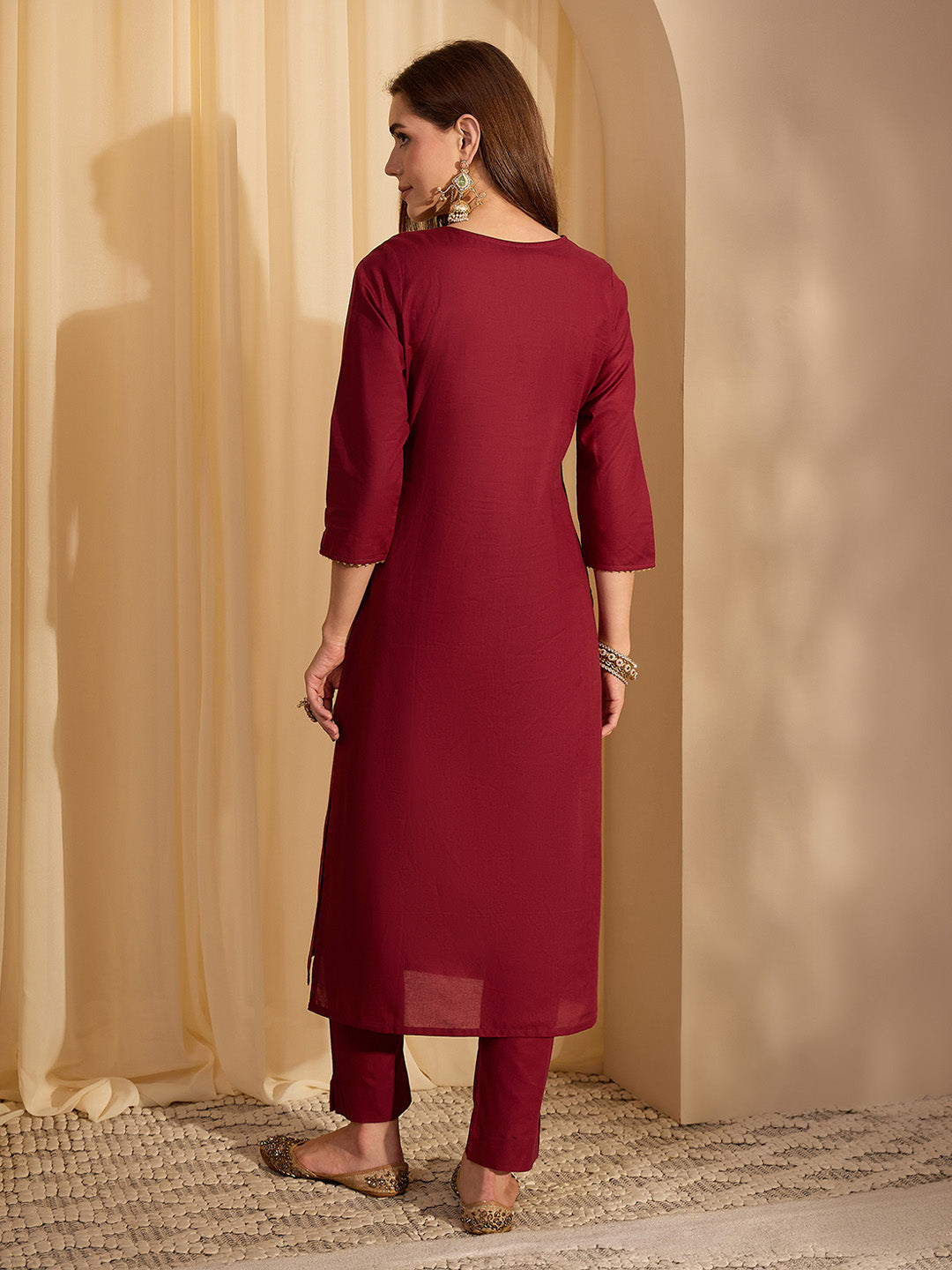 Janasya Women's Maroon Pure Cotton Zari Yoke Embroidered Straight Kurta With Pant Set