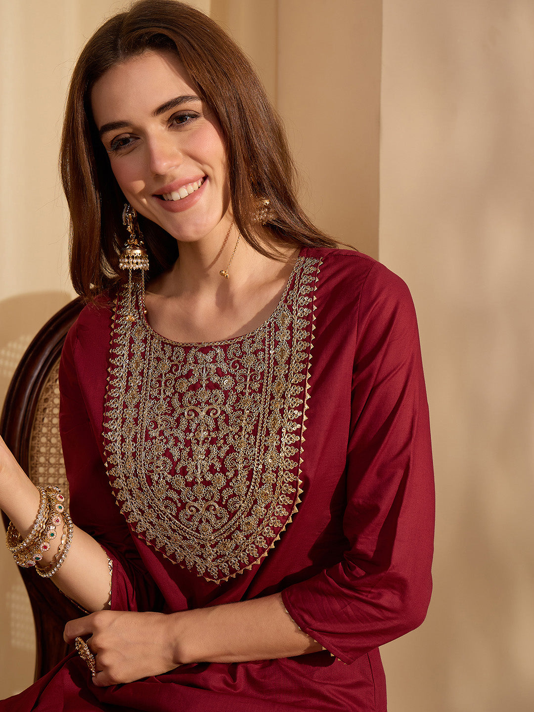 Janasya Women's Maroon Pure Cotton Zari Yoke Embroidered Straight Kurta With Pant Set