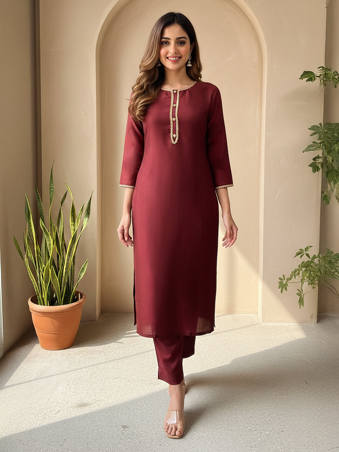 Janasya Women's Brown Crepe Silk Yoke Design Straight Kurta Pant Set