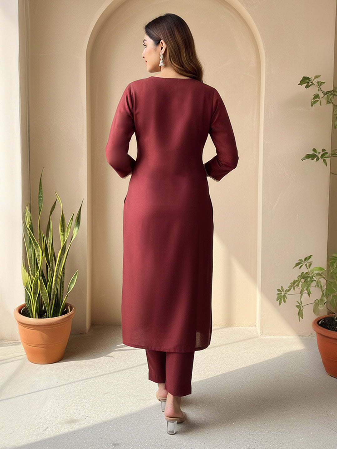 Janasya Women's Brown Crepe Silk Yoke Design Straight Kurta Pant Set