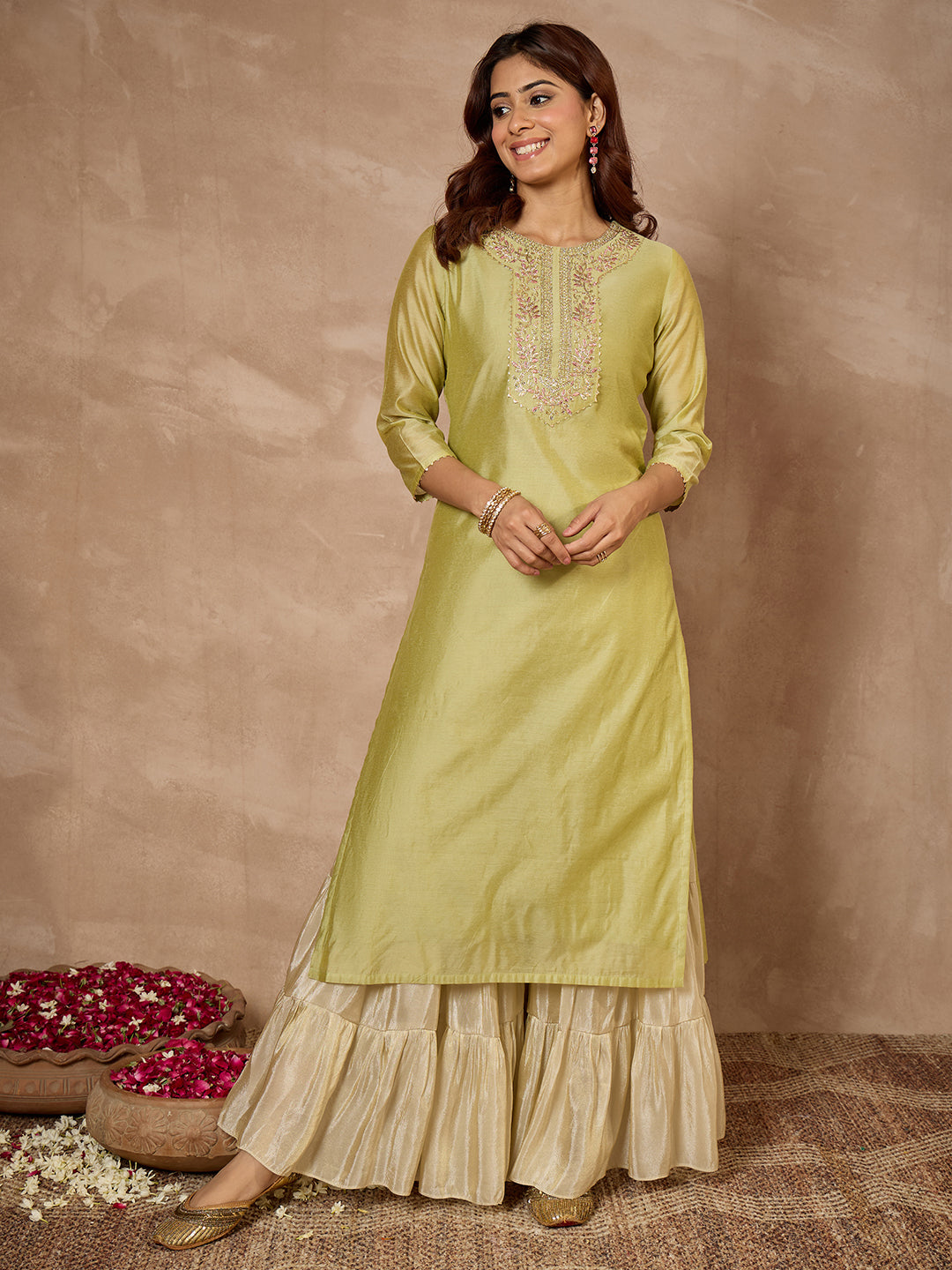 Janasya Women's Mint Green Mull Chanderi Yoke Embroidered Straight Kurta