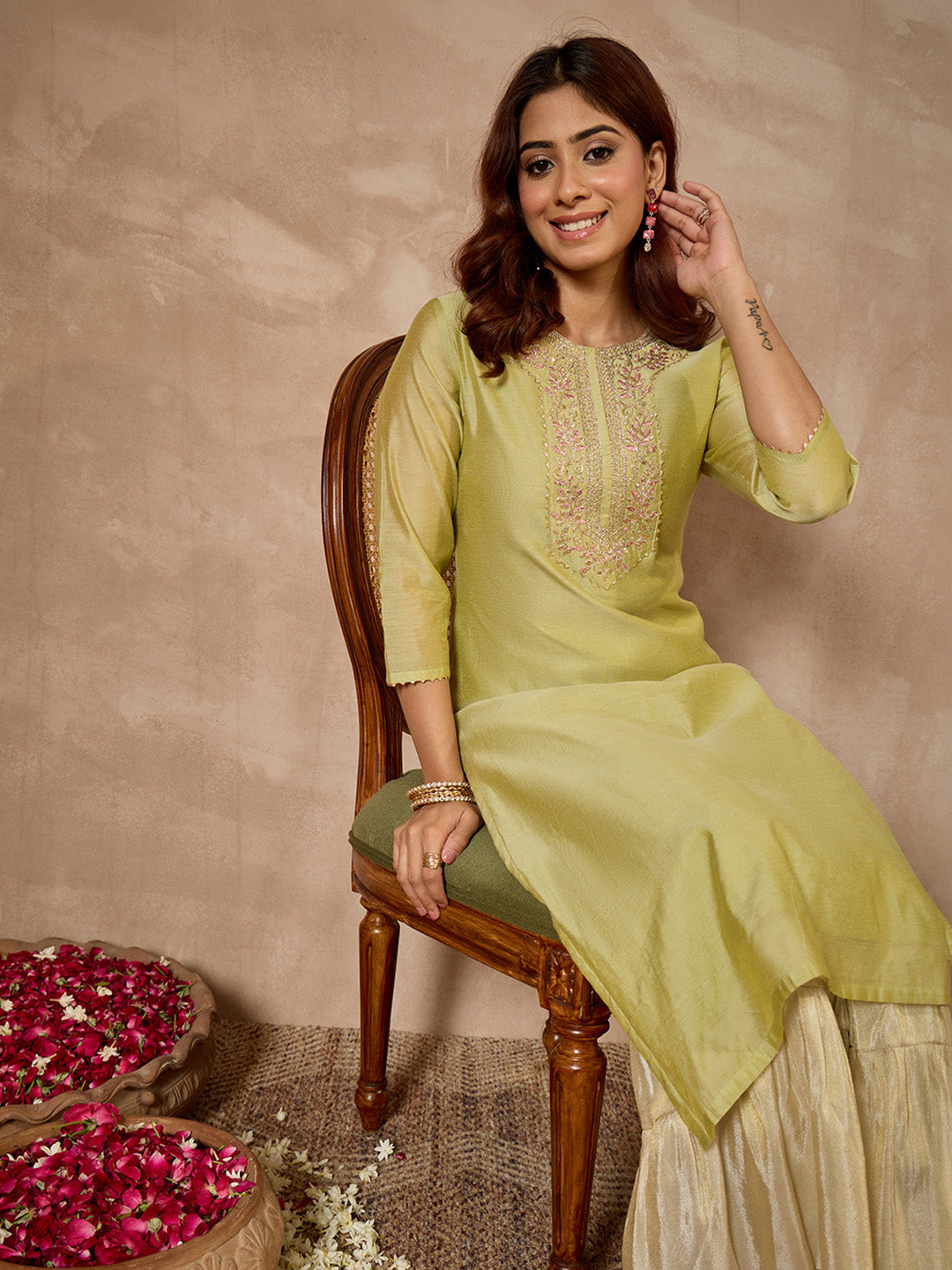 Janasya Women's Mint Green Mull Chanderi Yoke Embroidered Straight Kurta