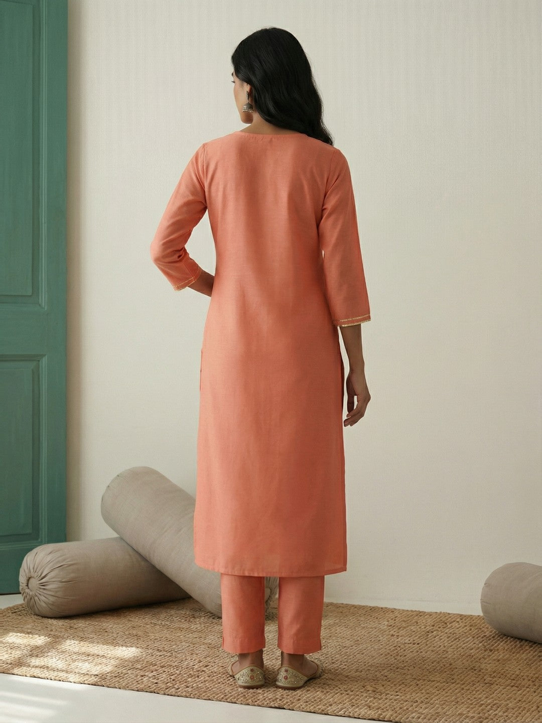 Janasya Women's Peach Silk Blend Solid Straight Kurta