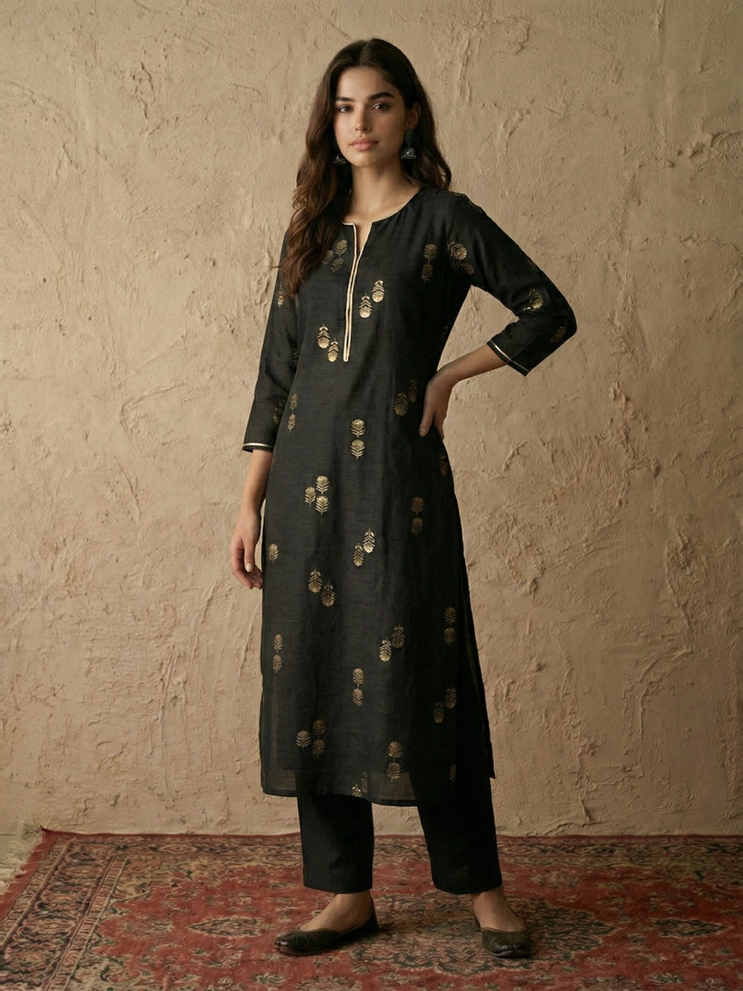 Janasya Women's Black Silk Blend Foil Printed Straight Kurta