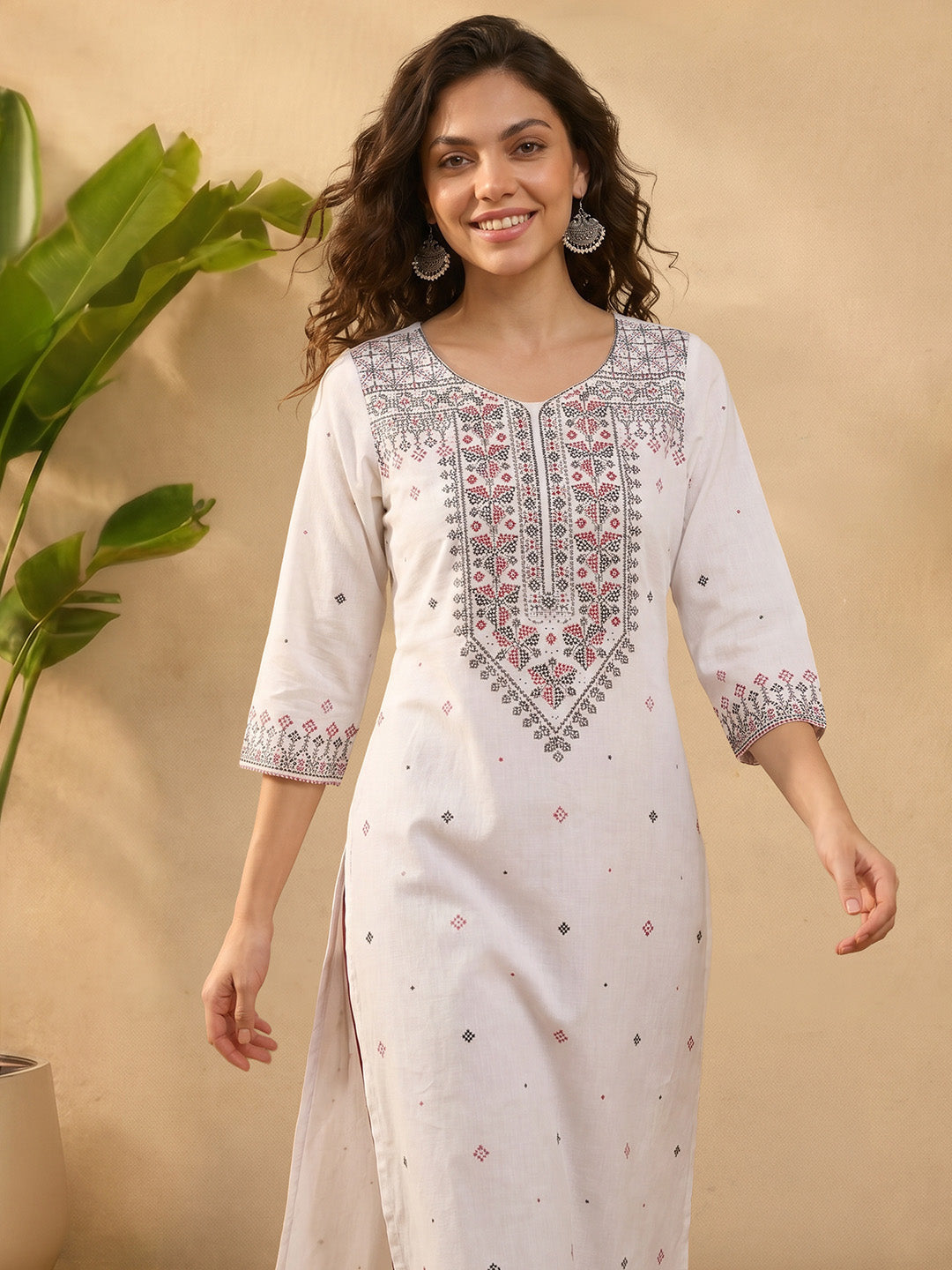 Janasya Women's White Linen Cotton Kasuti Motif Printed Straight Kurta