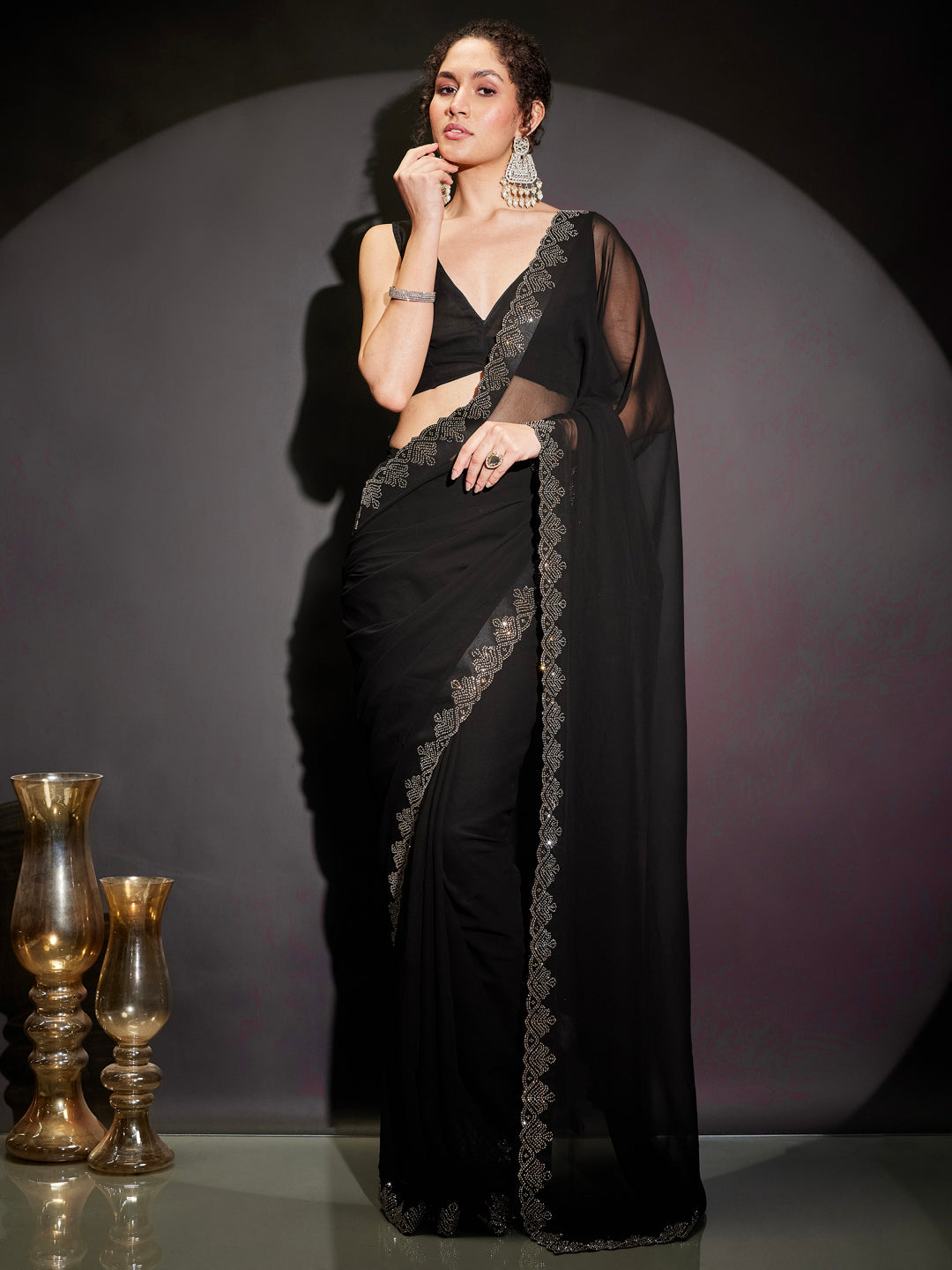 Janasya Women's Black Georgette One-Minute Ready-to-Wear Embellished Saree with Unstitched Blouse
