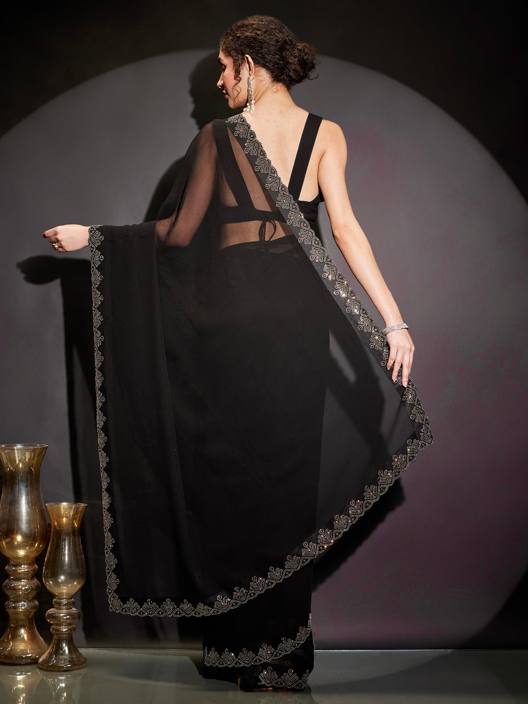 Janasya Women's Black Georgette One-Minute Ready-to-Wear Embellished Saree with Unstitched Blouse