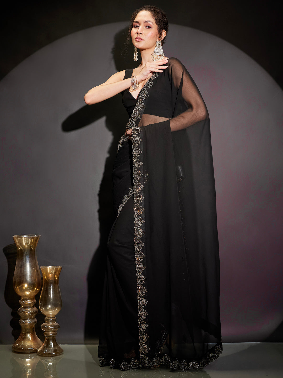 Janasya Women's Black Georgette Ready To Wear Embellished Saree with Unstitched Blouse