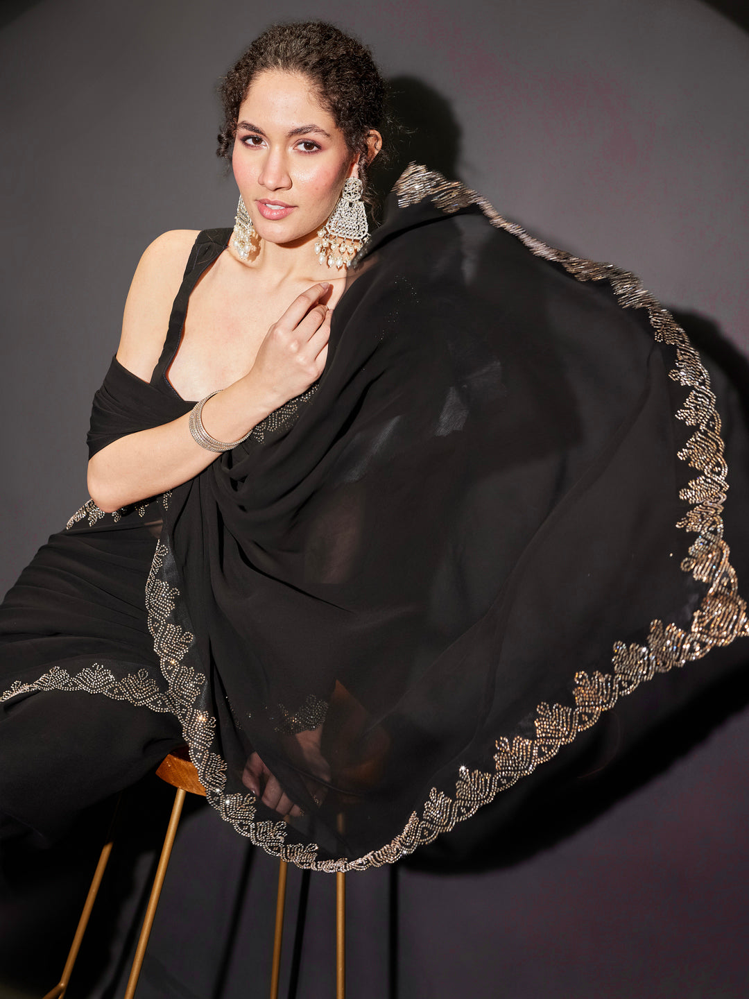 Janasya Women's Black Georgette One-Minute Ready-to-Wear Embellished Saree with Unstitched Blouse