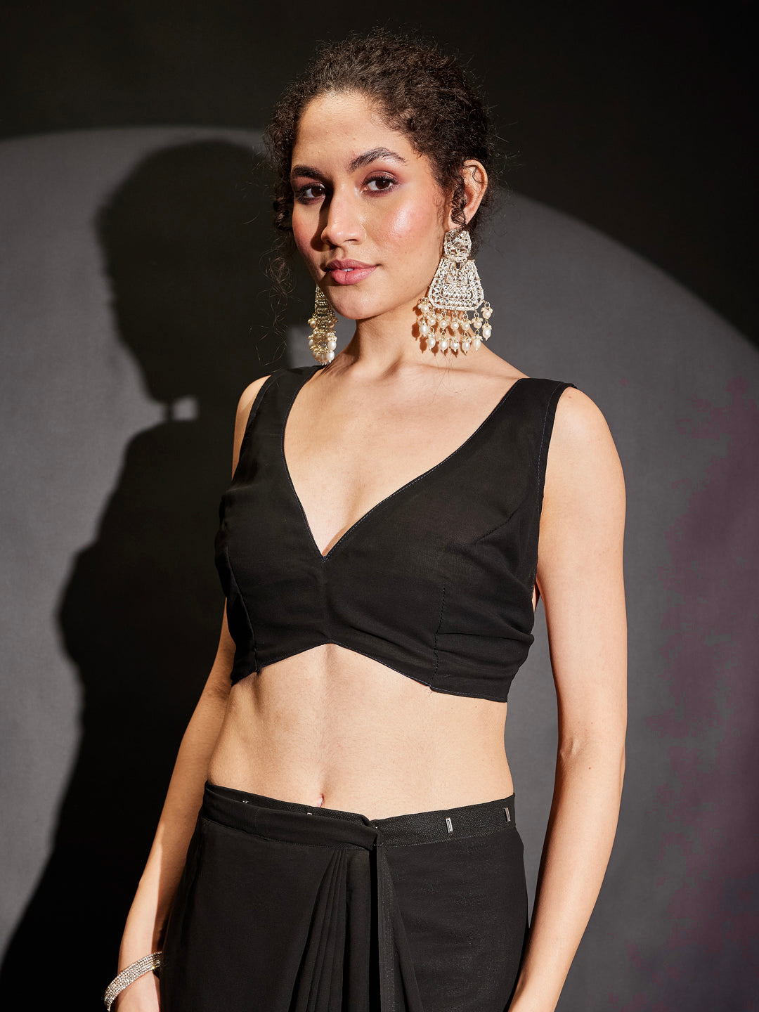 Janasya Women's Black Georgette One-Minute Ready-to-Wear Embellished Saree with Unstitched Blouse