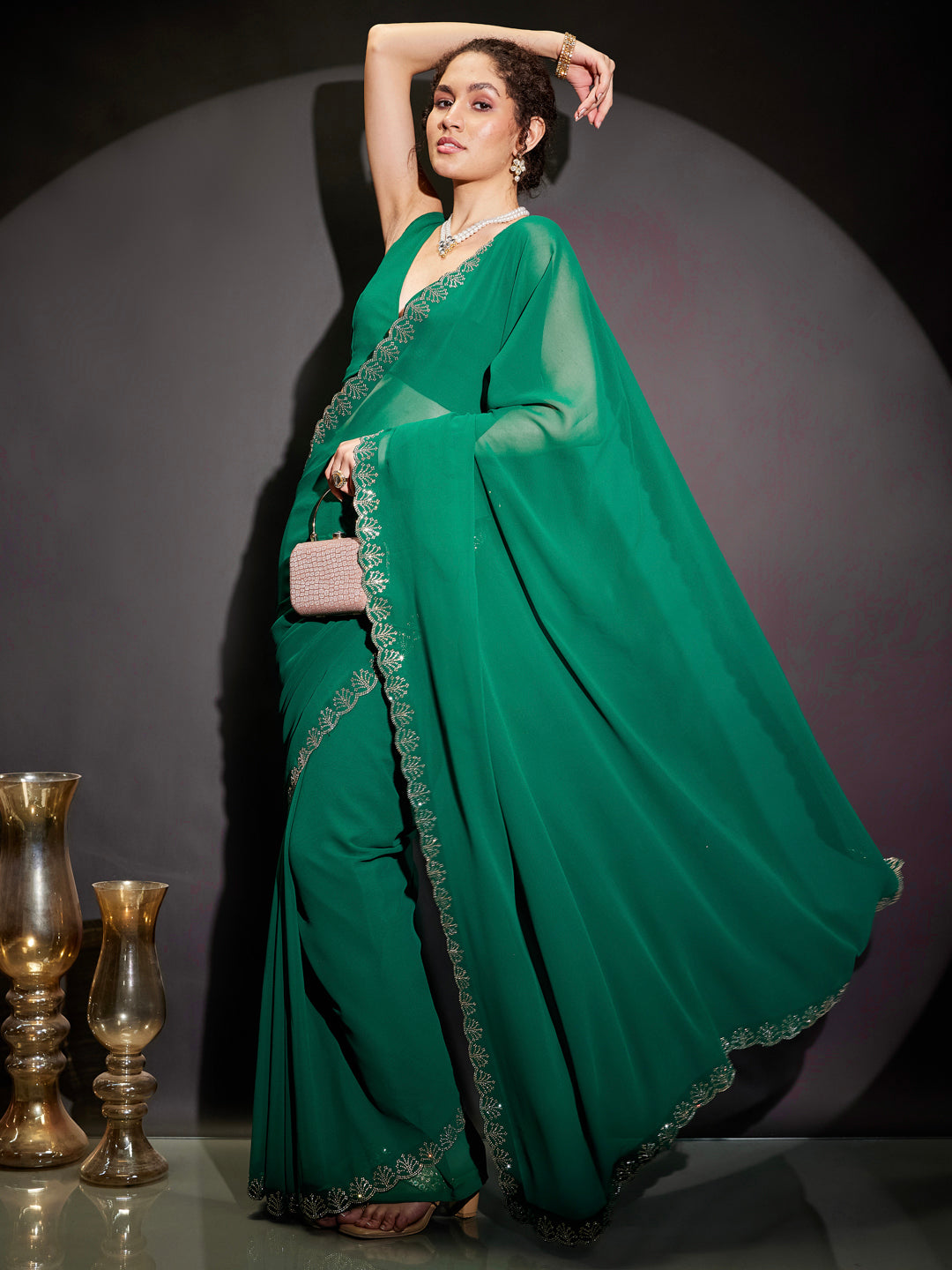 Janasya Women's Green Georgette Ready To Wear Embellished Saree with Unstitched Blouse