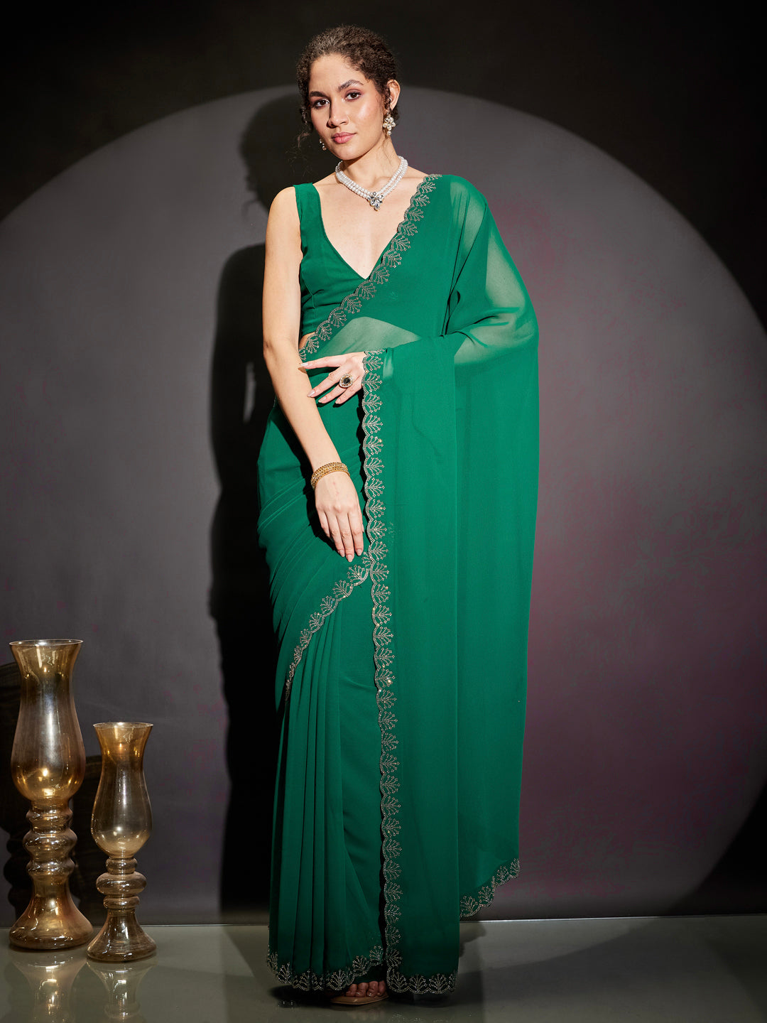 Janasya Women's Green Georgette Ready To Wear Embellished Saree with Unstitched Blouse