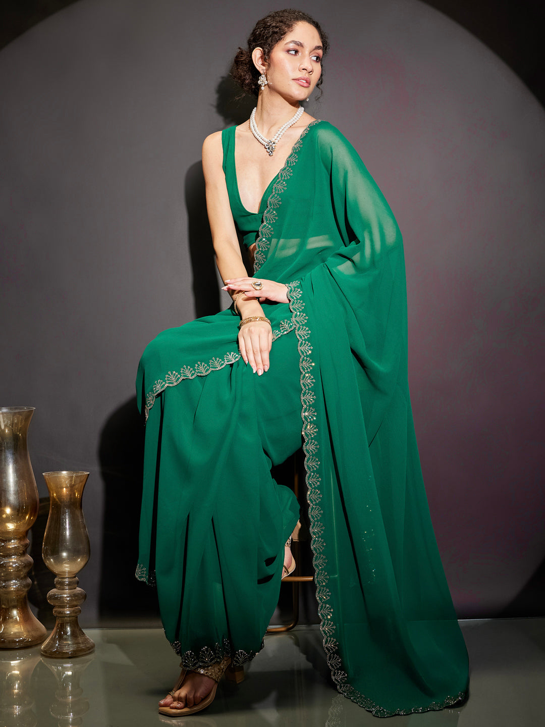 Janasya Women's Green Georgette One-Minute Ready-to-Wear Embellished Saree with Unstitched Blouse