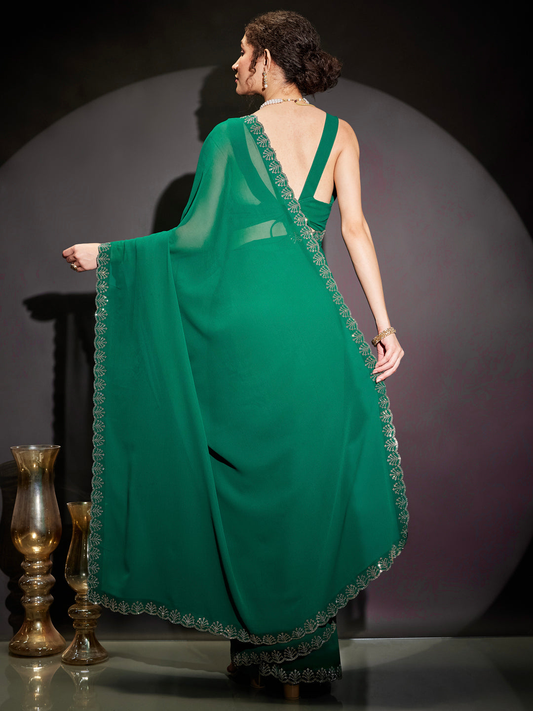 Janasya Women's Green Georgette One-Minute Ready-to-Wear Embellished Saree with Unstitched Blouse